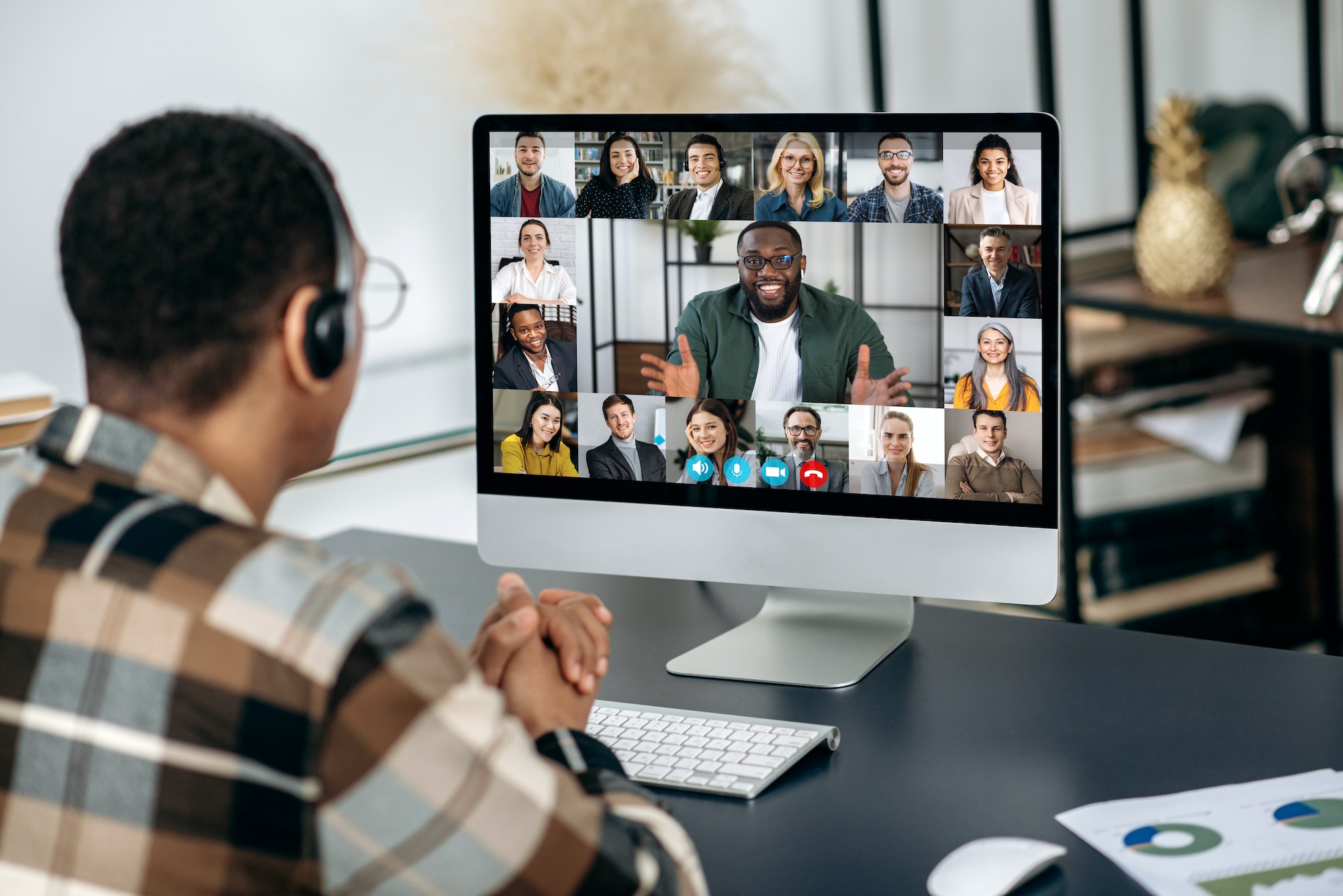 Online video communication. Multiracial people talking by video call, distant business meeting